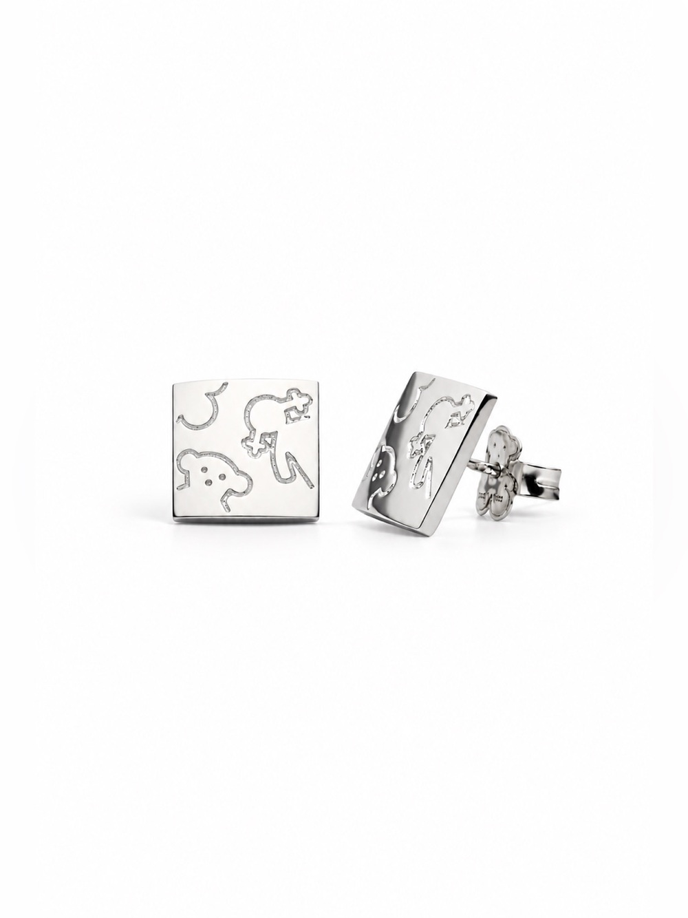 TOUS Sterling Silver Square Stud Earrings Bear Girl Engraved Motif